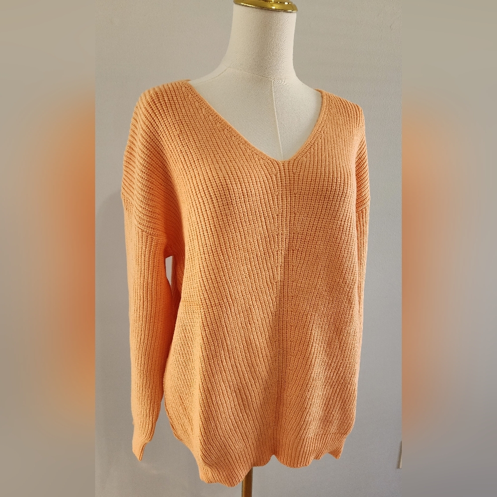 NWOT Women's Cotton Sweater Casual Cable Knit V-Neck Soft Orange Size L